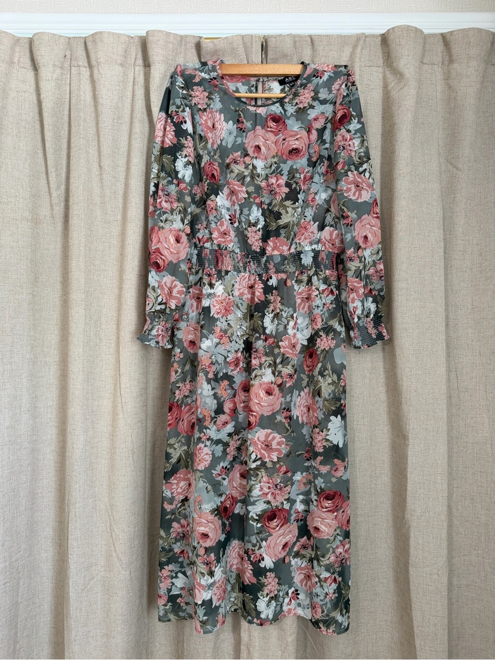 Floral Long Sleeve Midi Dress - Pink Rose on Olive
